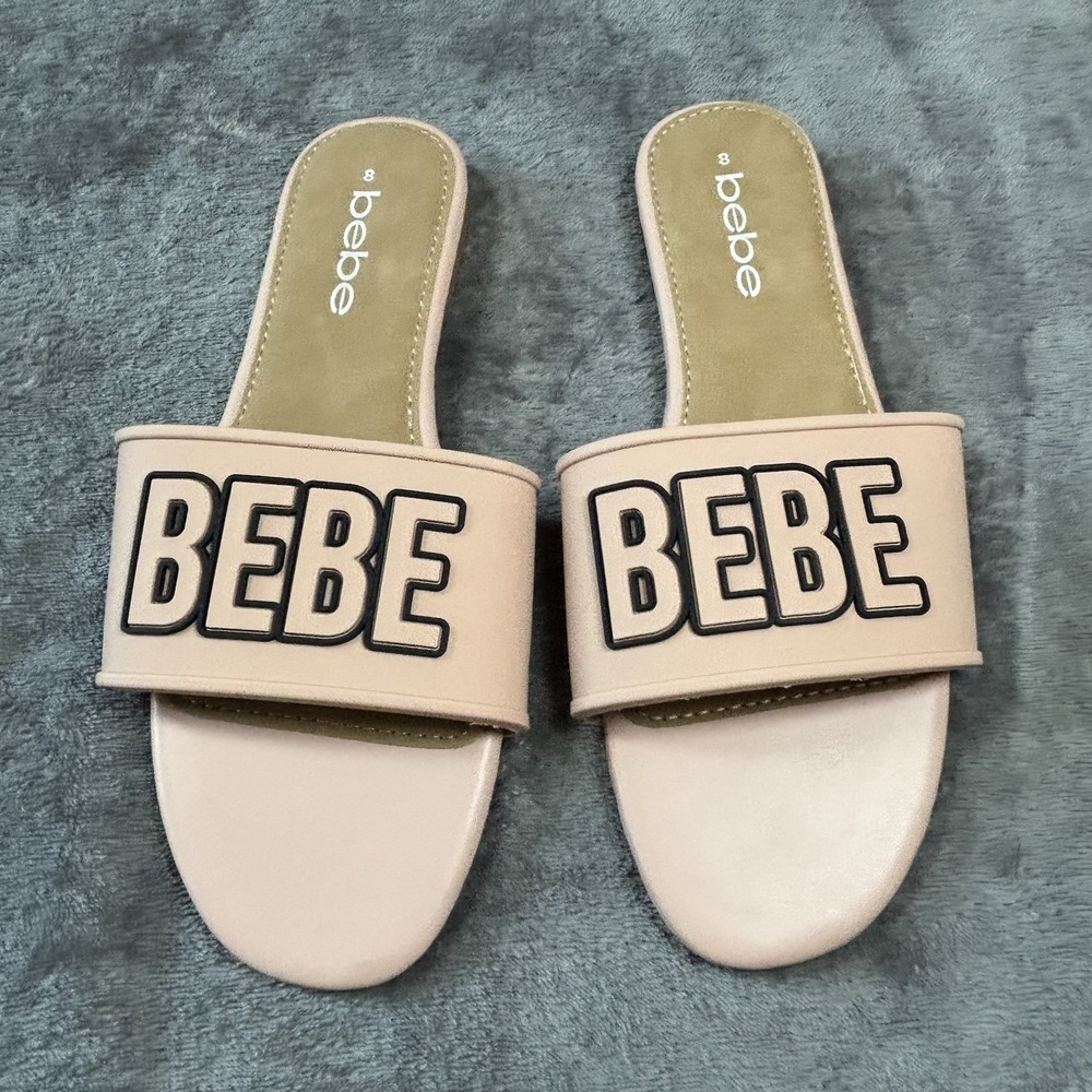 Bebe Women's Blush Pink Slide Sandals Logo Strap Casual Slip On Size 8 NWT Pool